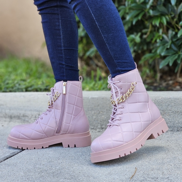 Shoes - Womens Chunky Block Heel Ankle Combat Boots Pink Color